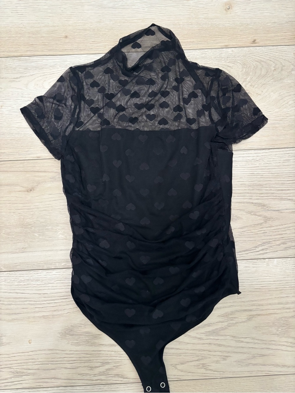 Black Heart-Print Mesh Bodysuit Top